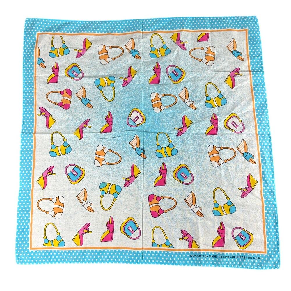 Ladies Vtg Cotton Square  Scarf 21x21- Polka Dots- Shoes Purse- Blue Pink Orange